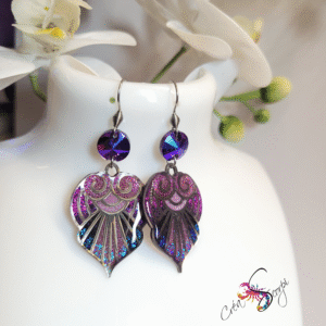 Boucles d'Oreilles Feuille Ornementale Pailletée Violette
