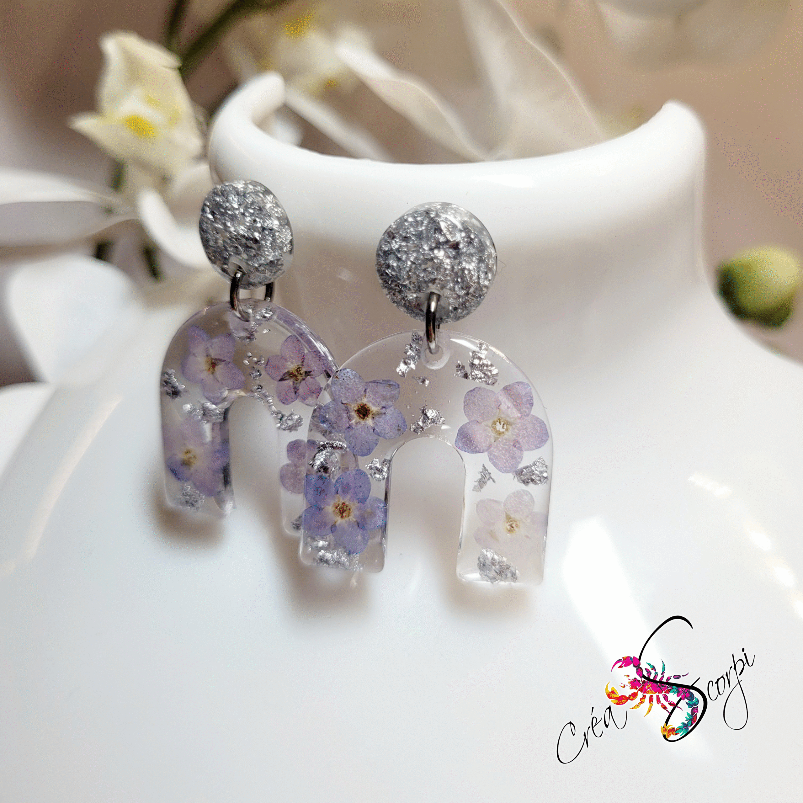 Boucles d'Oreilles "Arc-en-Ciel Fleuri Argenté" – Image 2
