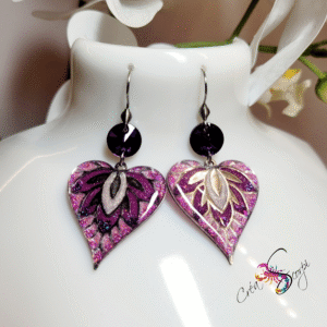 Boucles d'Oreilles Cœur Floral Violet Pailleté
