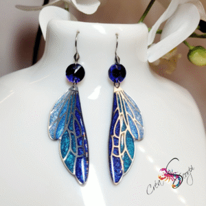 Boucles d'Oreilles Ailes de Libellule Bleu Scintillantes