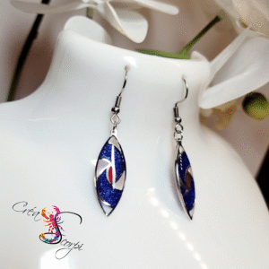 Boucles d'Oreilles Navette Abstraite Bleu Royal Pailleté