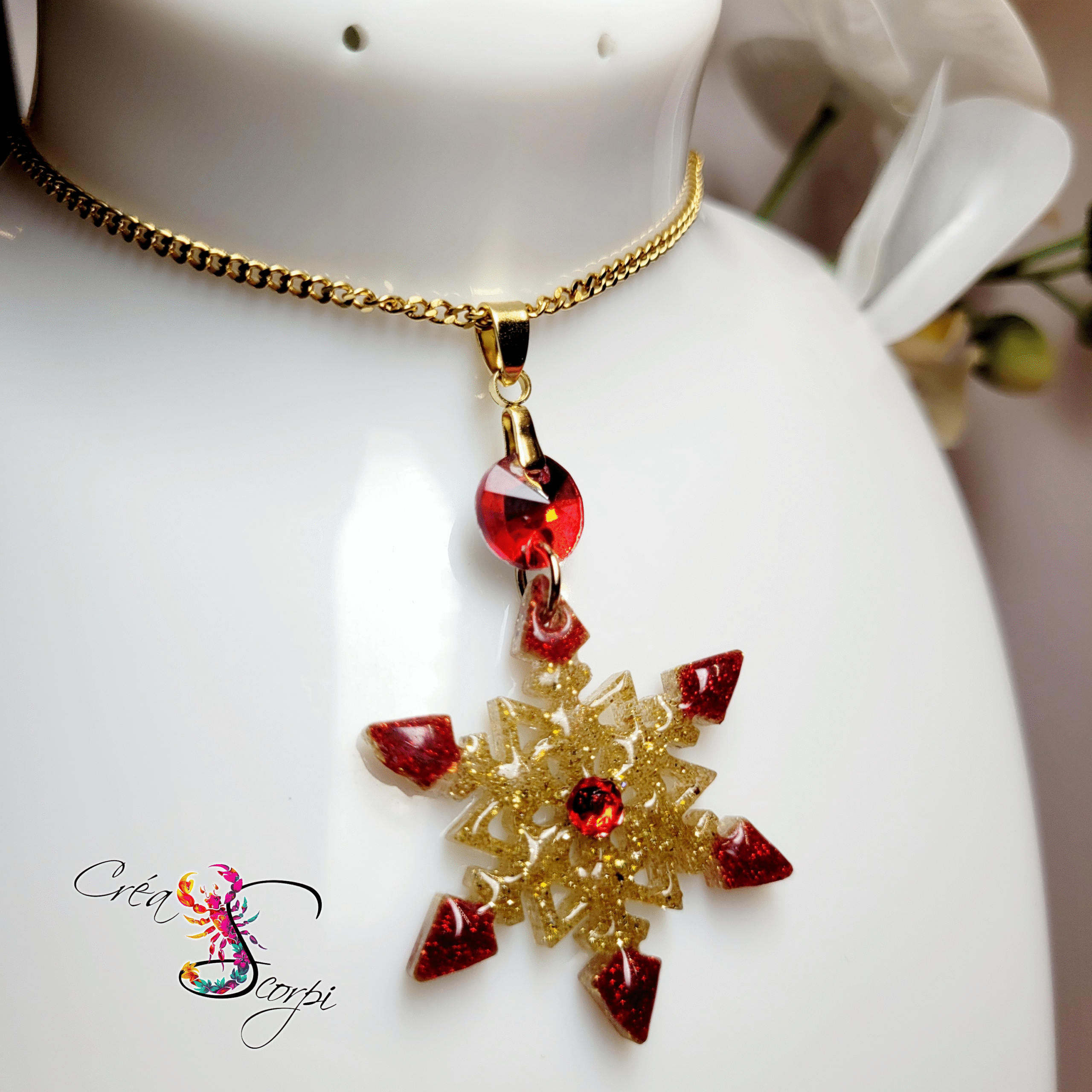 Collier Flocon Scintillant Rouge et Or – Image 4