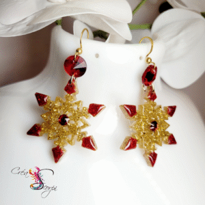 Boucles d'Oreilles Flocons Scintillants Rouge et Or