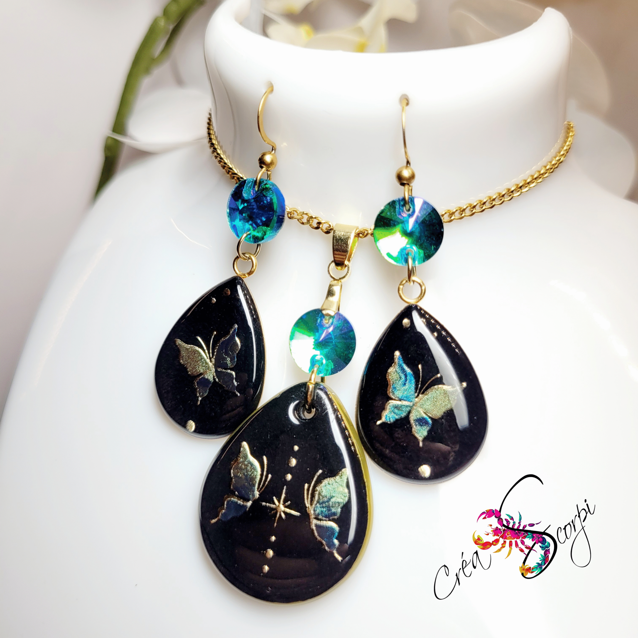 Parure Papillon Mystique Noire et Turquoise – Image 2
