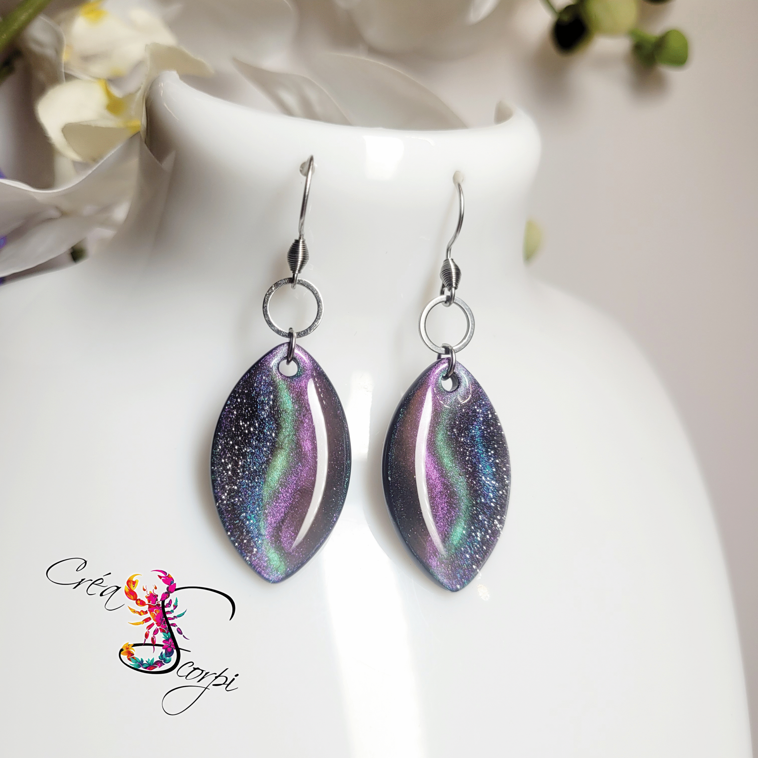 Boucles d'oreilles Aurore Boréale Verte et Rose Étoilé