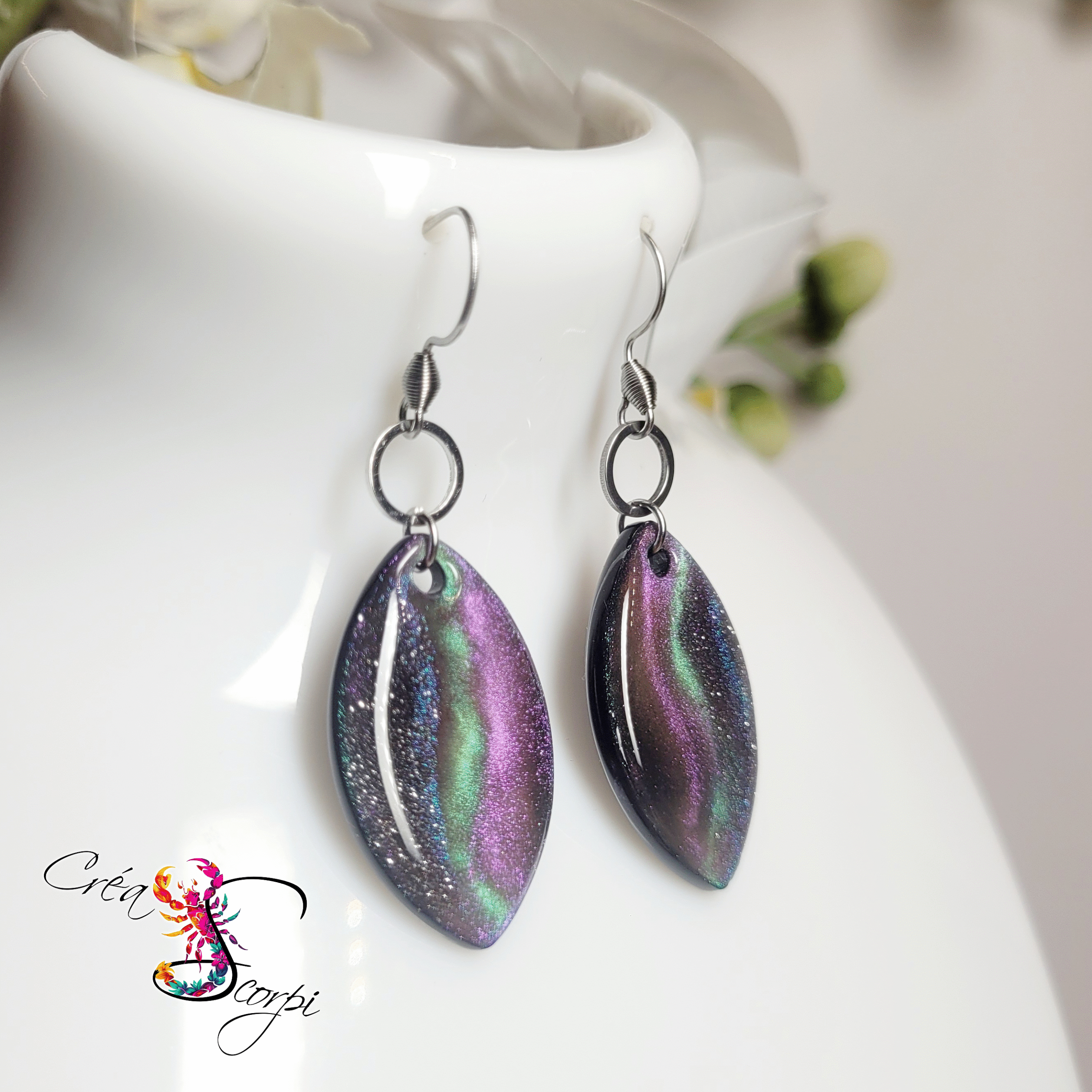 Boucles d'oreilles Aurore Boréale Verte et Rose Étoilé – Image 3