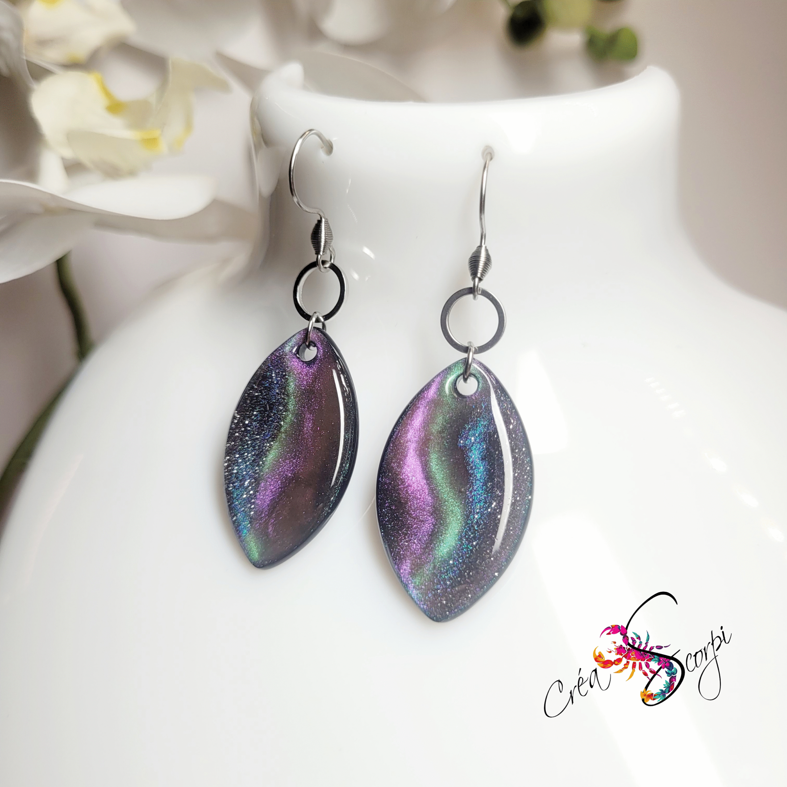Boucles d'oreilles Aurore Boréale Verte et Rose Étoilé – Image 2