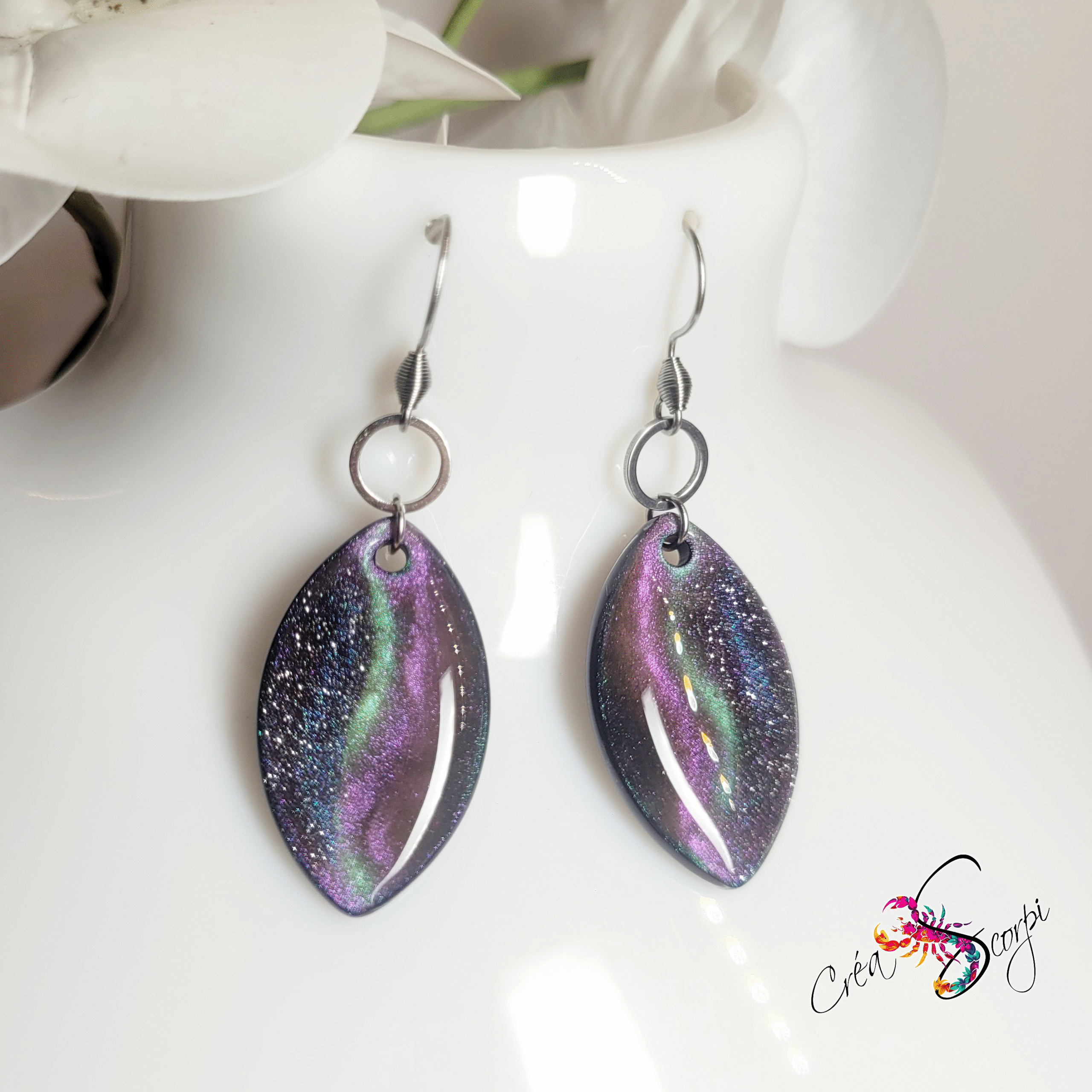 Boucles d'oreilles Aurore Boréale Verte et Rose Étoilé – Image 4