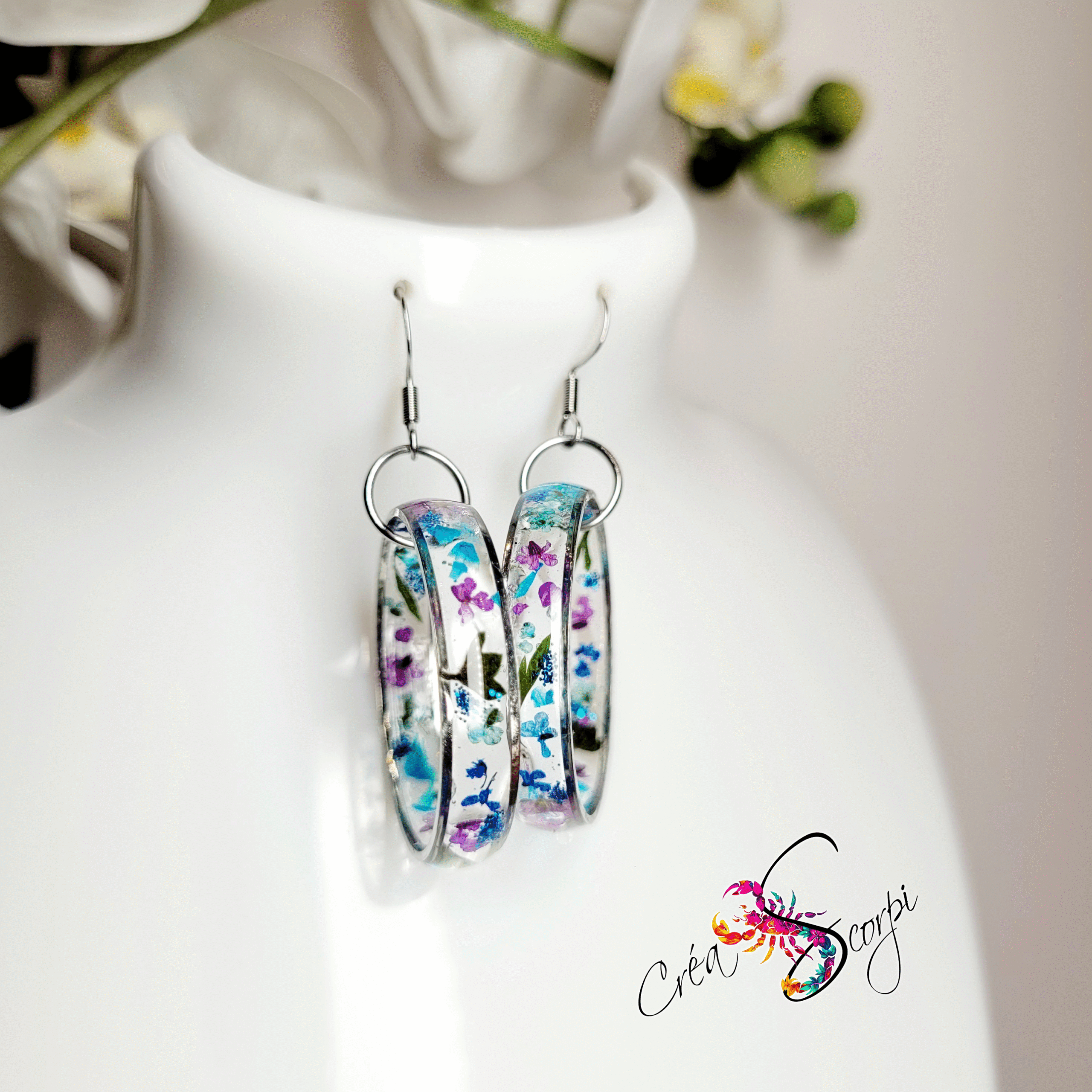 Boucles d'oreilles "Créoles Fleuries Bleues et Violettes"