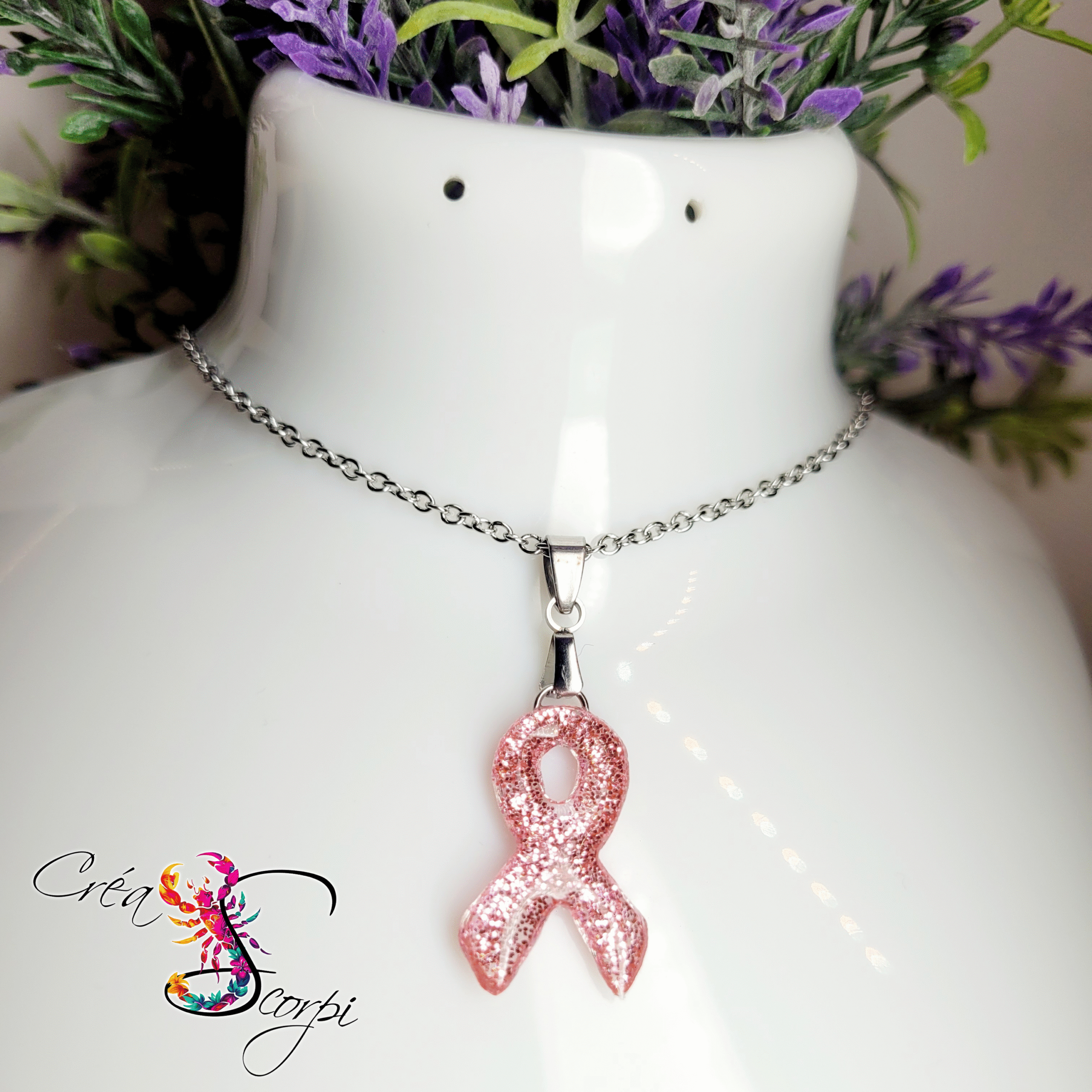 Pendentif Ruban d'Espoir Scintillant - Acier Inoxydable (Octobre Rose) đ
