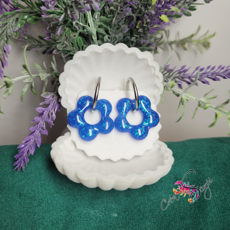 Boucles d’Oreilles Créoles Fleur Thermosensible — Résine Scintillante et Acier Inoxydable argenté bleu violet 🌸