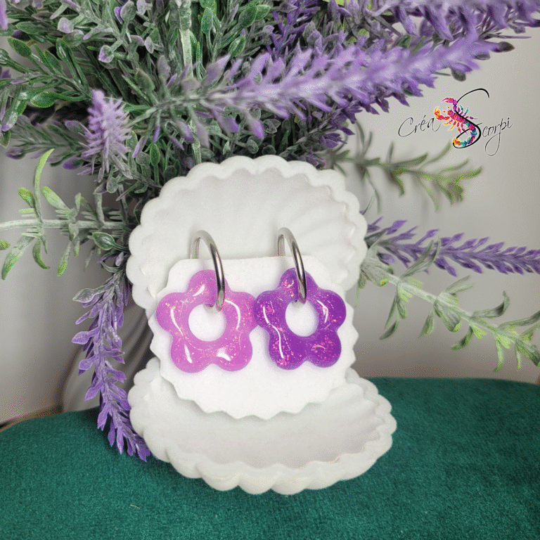 Boucles d’Oreilles Créoles Fleur Thermosensible — Résine Scintillante et Acier Inoxydable argenté rose violet 🌸