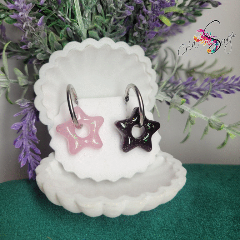 Boucles d’Oreilles Créoles Etoile Thermosensible — Résine Scintillante et Acier Inoxydable noir