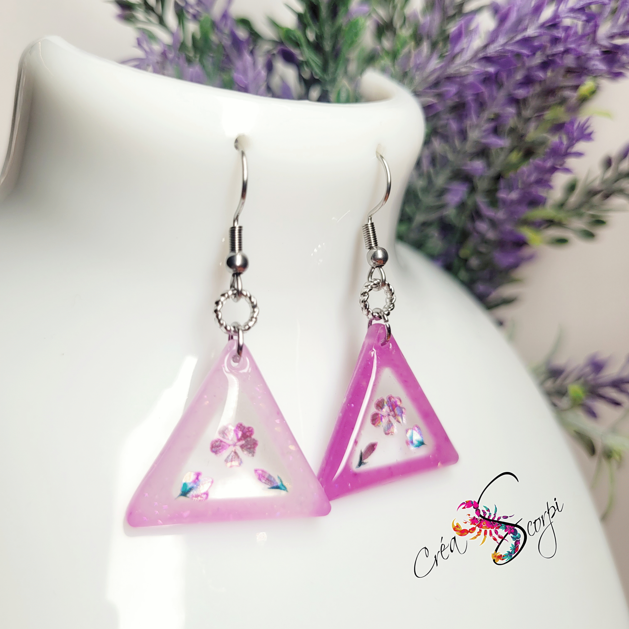 Boucles d'Oreilles Triangles Géométriques - Thermochromiques Roses et Fleurs 3D 🔺💖 – Image 4