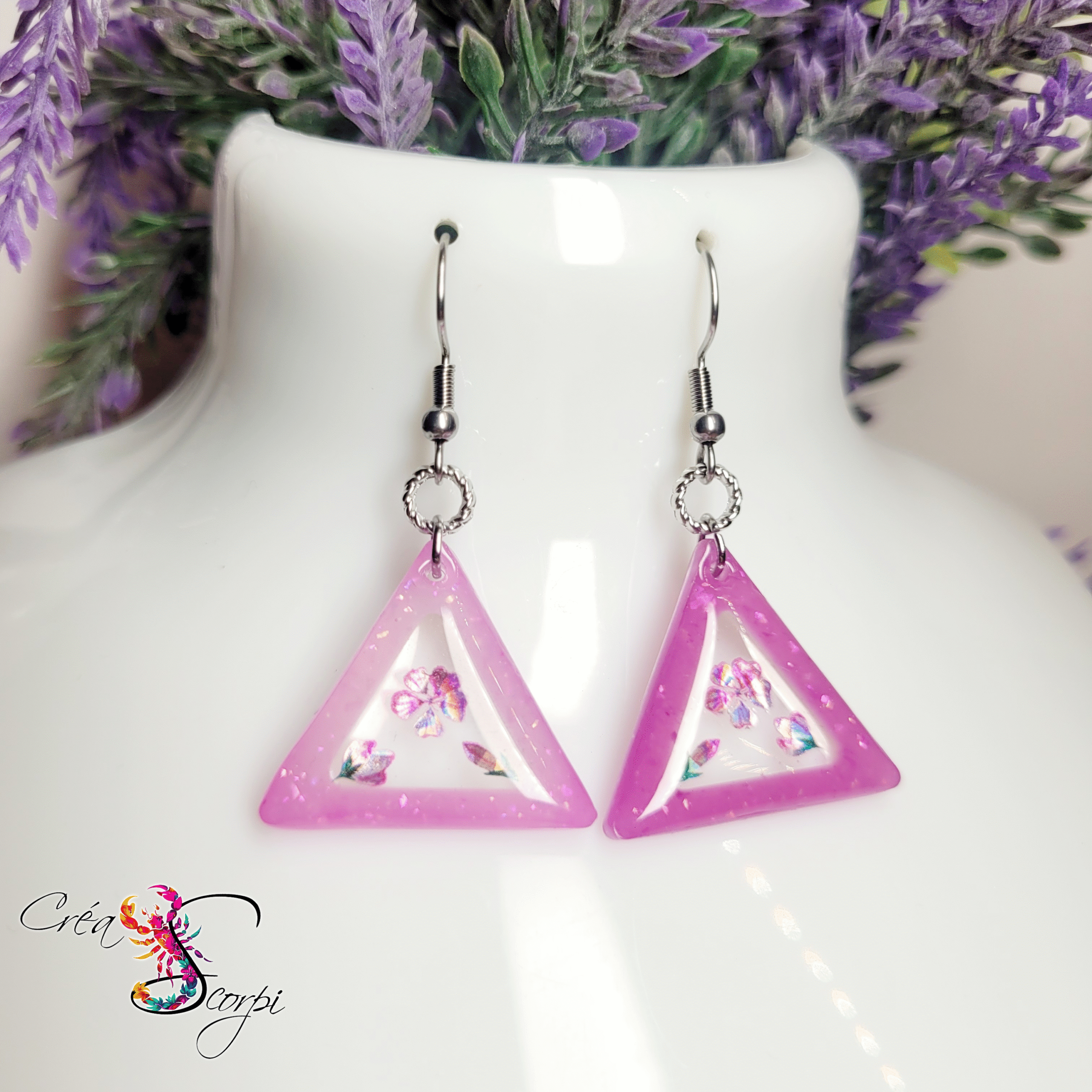 Boucles d'Oreilles Triangles Géométriques - Thermochromiques Roses et Fleurs 3D 🔺💖 – Image 3