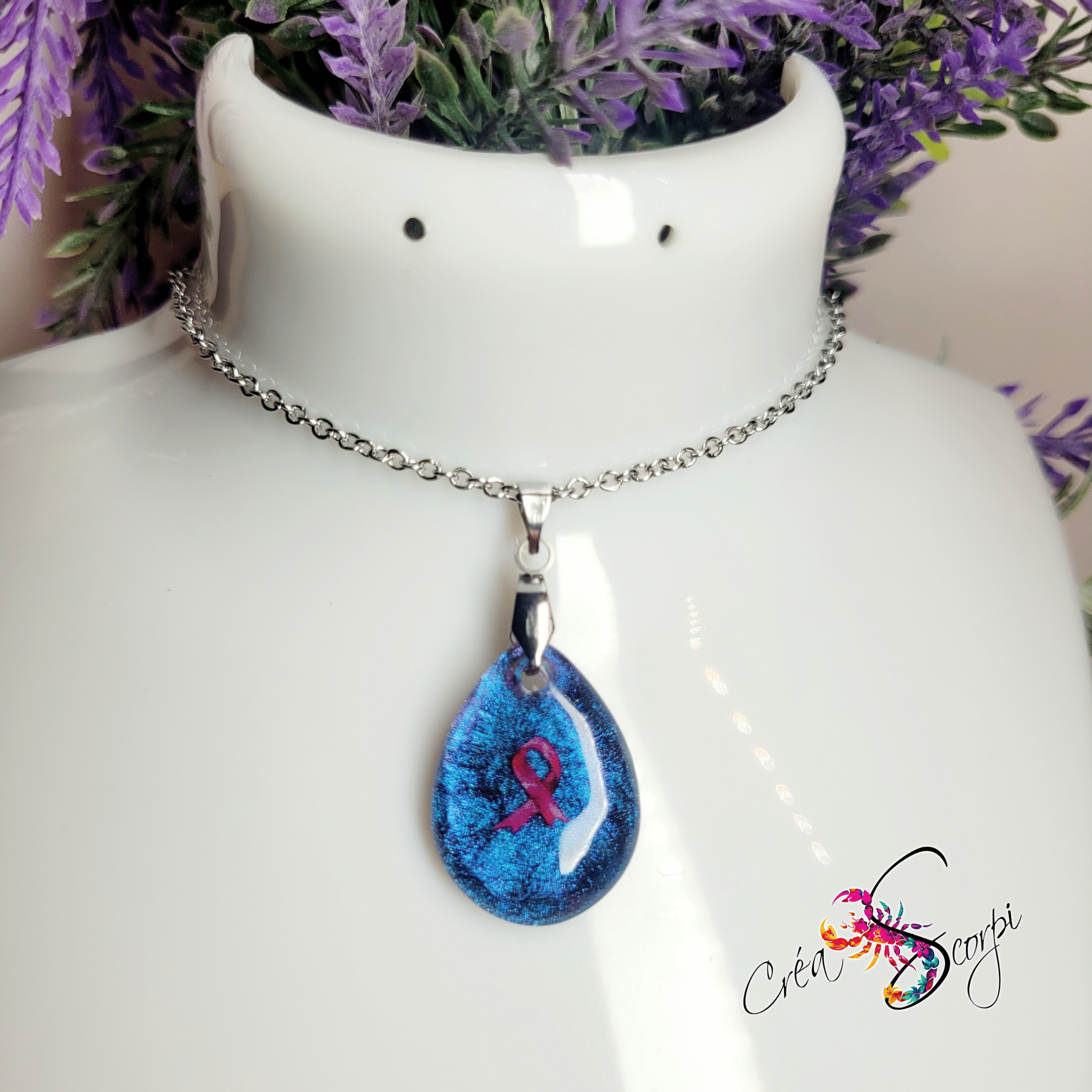 Collier Goutte de Résine - Ruban de Soutien (Octobre Rose) 🎗️💙