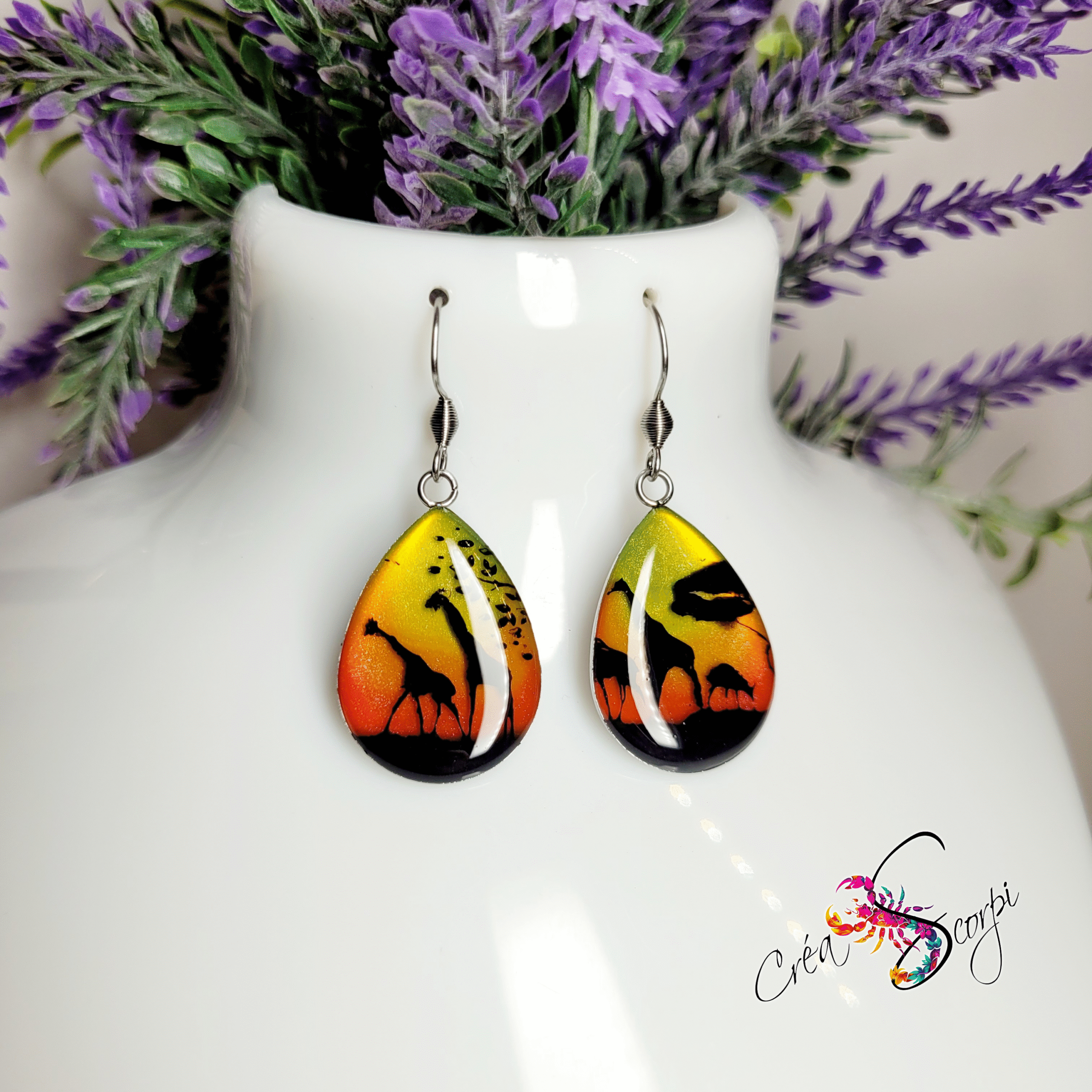 Boucles d'Oreilles Goutte d'Eau "Mirage Girafe" - Résine & Acier Inoxydable (Peintes à la Main)