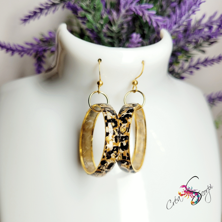 Boucles d'Oreilles Créoles "Chic Léopard Or" - Résine & Feuille d'Or