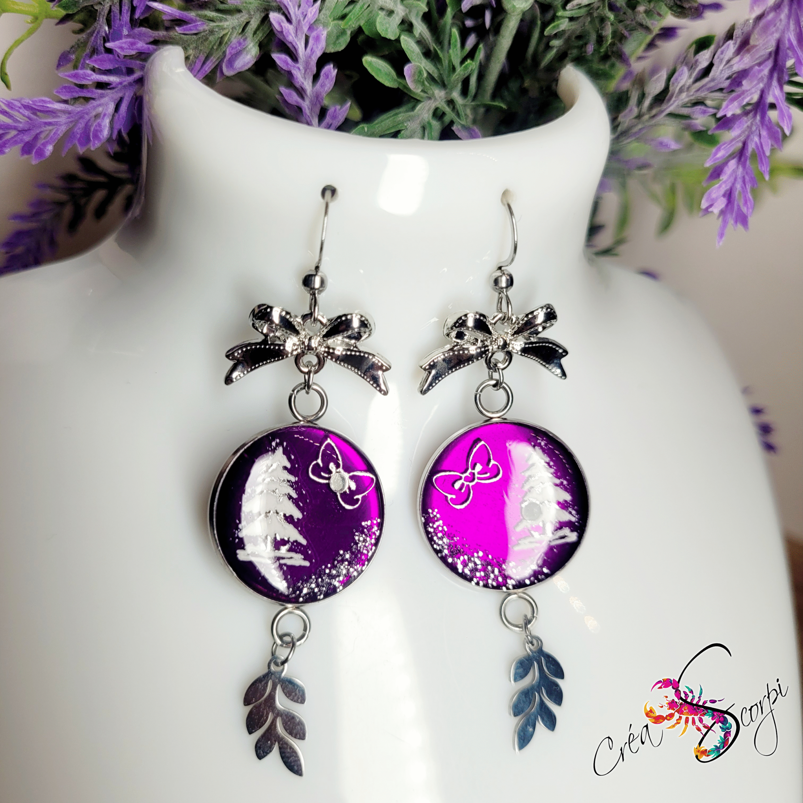 Boucles d'Oreilles Pendants "Forêt Mauve et Argent"