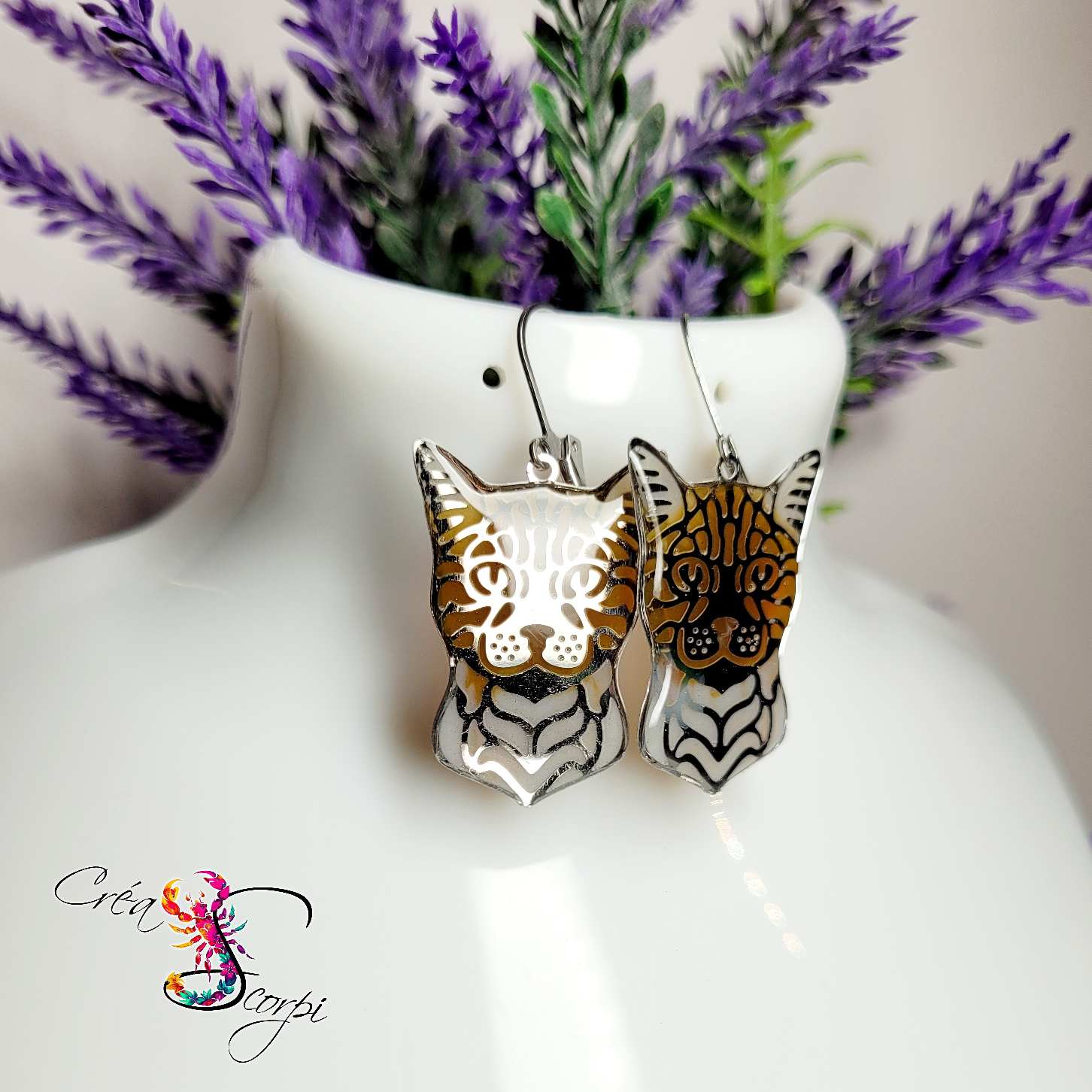 Boucles d'Oreilles "Regard Félin Caramel & Douceur Lactée" – Têtes de Chat – Image 3