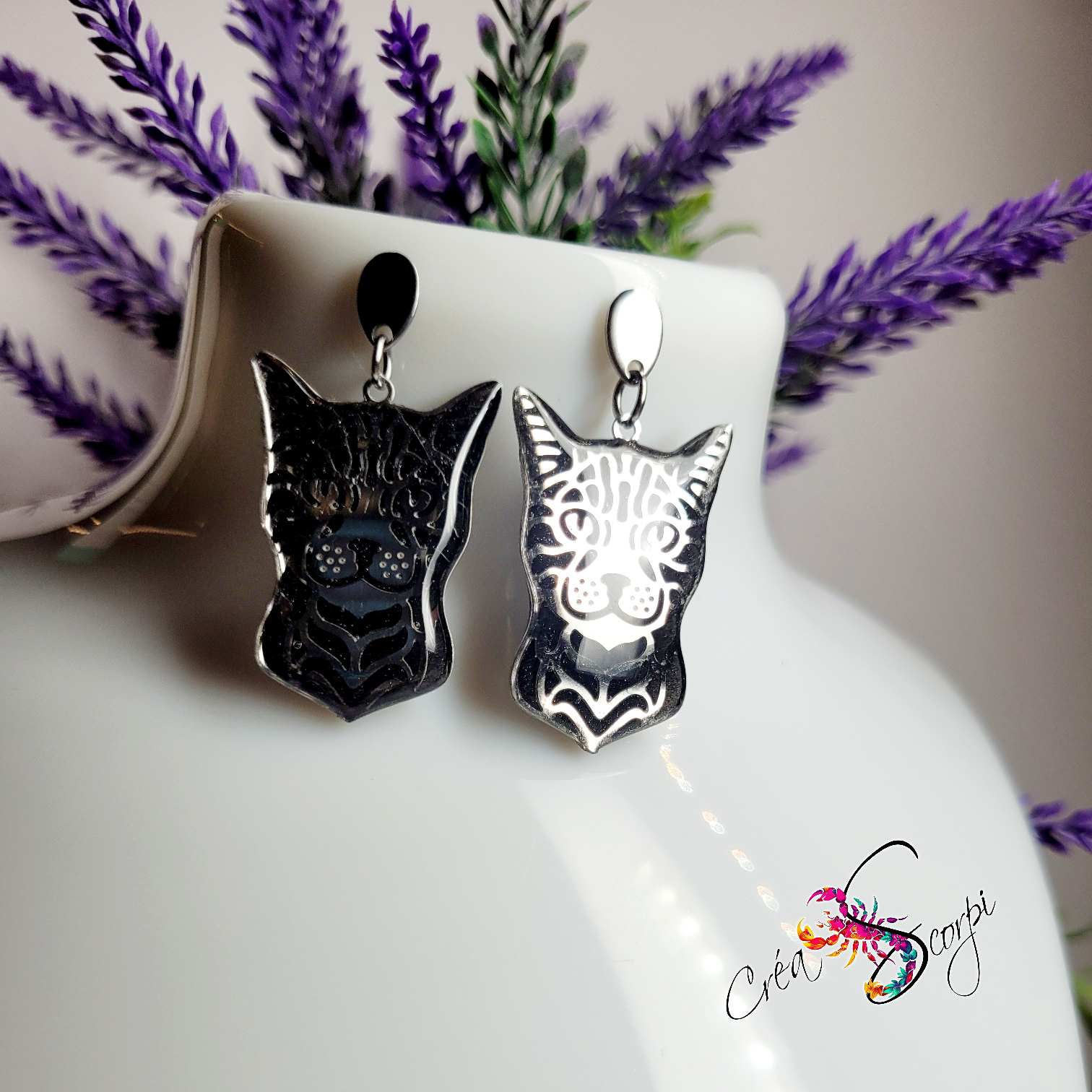Boucles d'Oreilles "Regard Félin & Ombres Argentées" – Têtes de Chat – Image 3