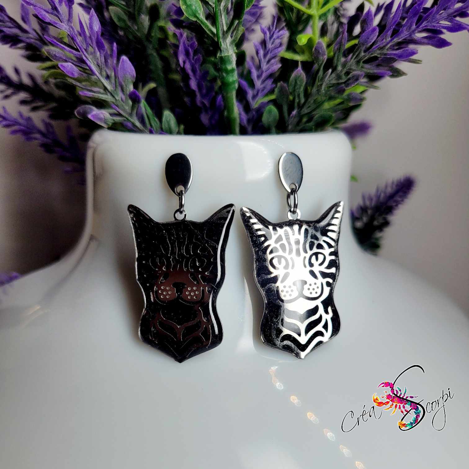 Boucles d'Oreilles "Regard Félin & Ombres Argentées" – Têtes de Chat – Image 2