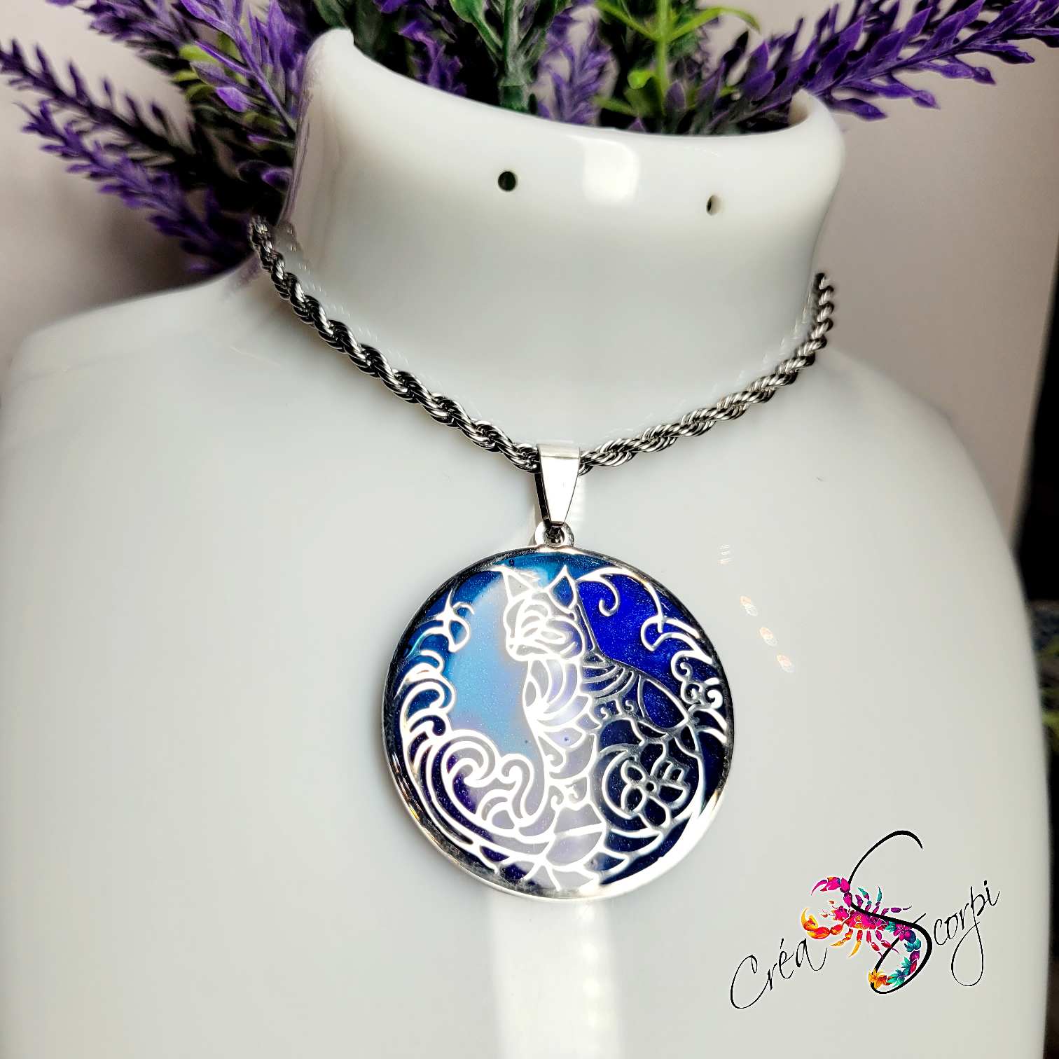 Pendentif "Félin Lunaire & Volutes d'Ébène" – Collier Chat Mystique – Image 3