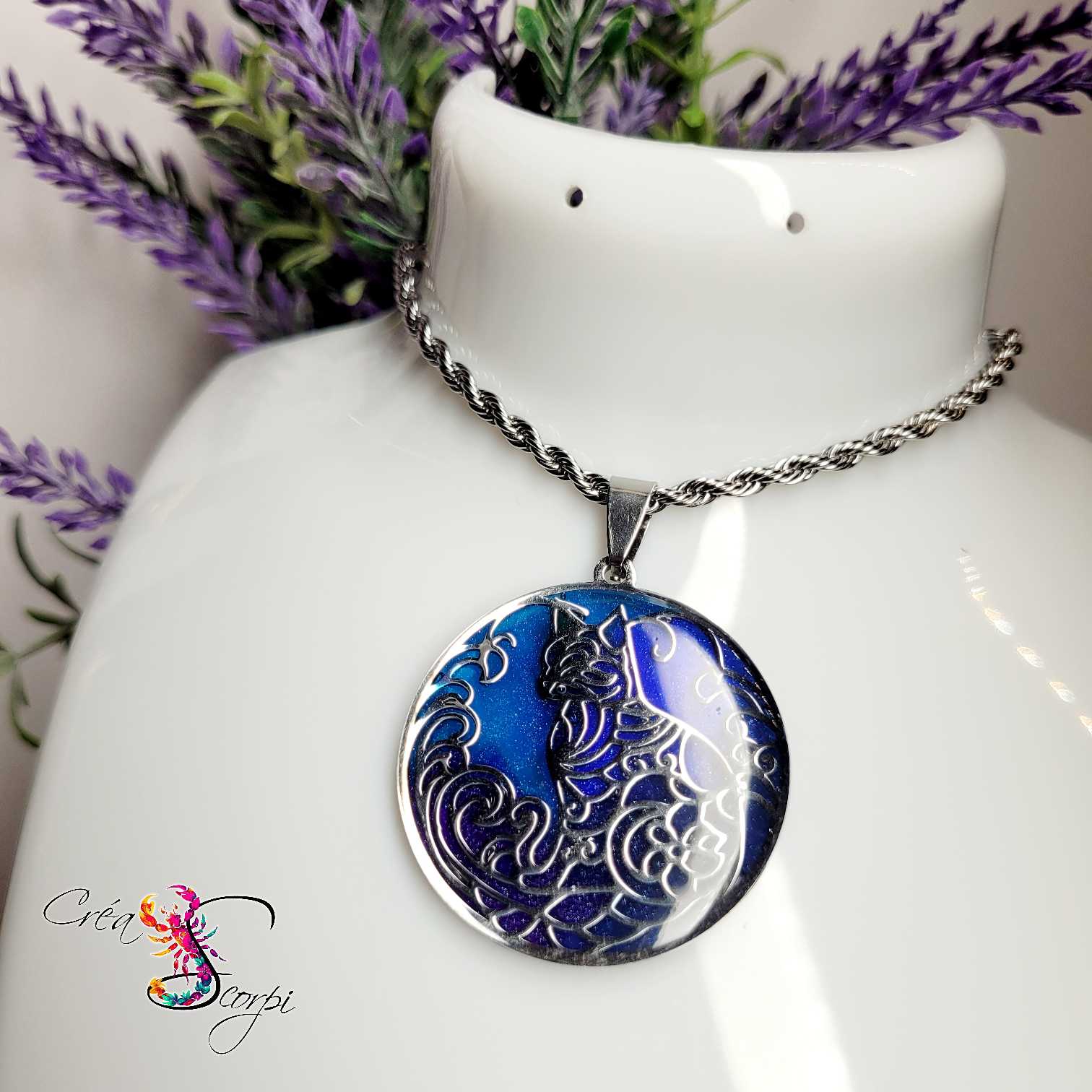 Pendentif "Félin Lunaire & Volutes d'Ébène" – Collier Chat Mystique – Image 4