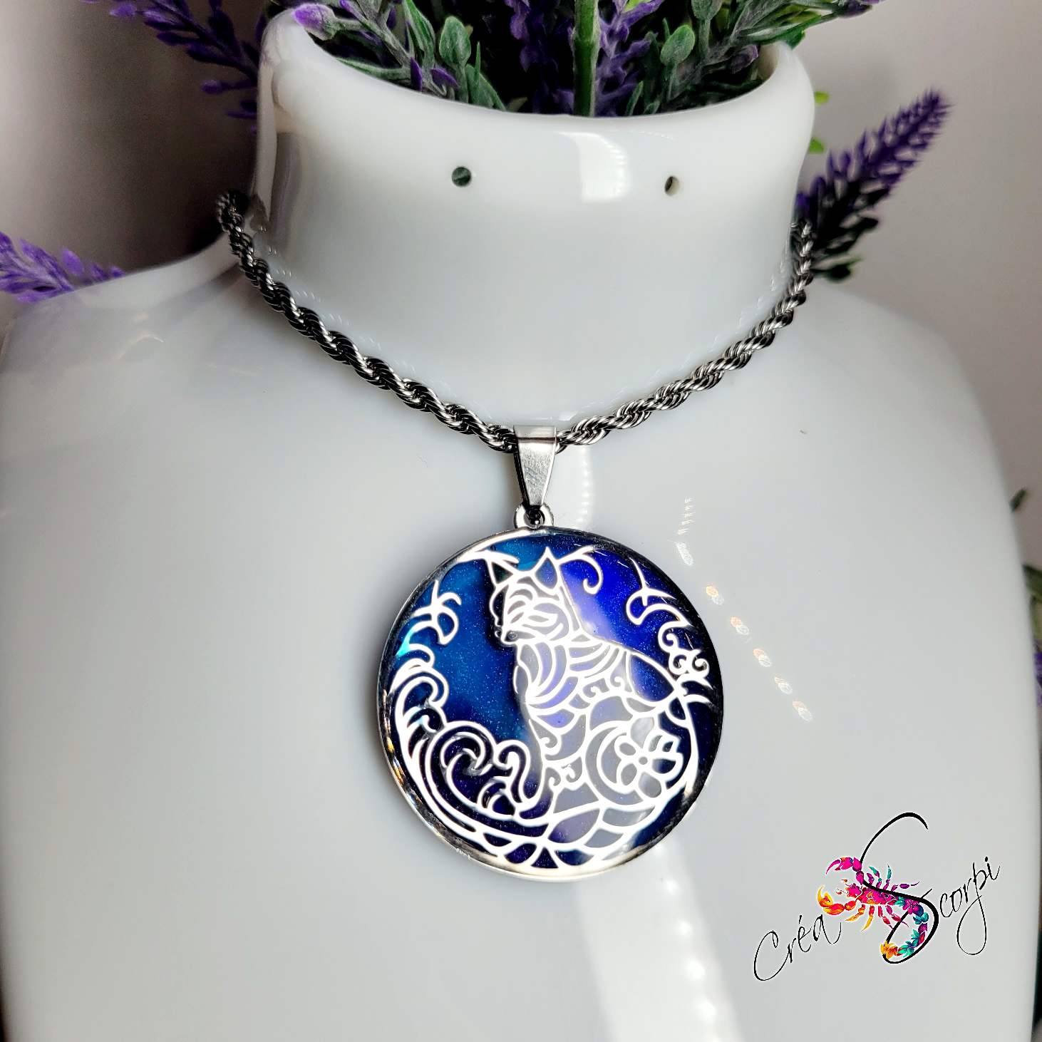 Pendentif "Félin Lunaire & Volutes d'Ébène" – Collier Chat Mystique – Image 2
