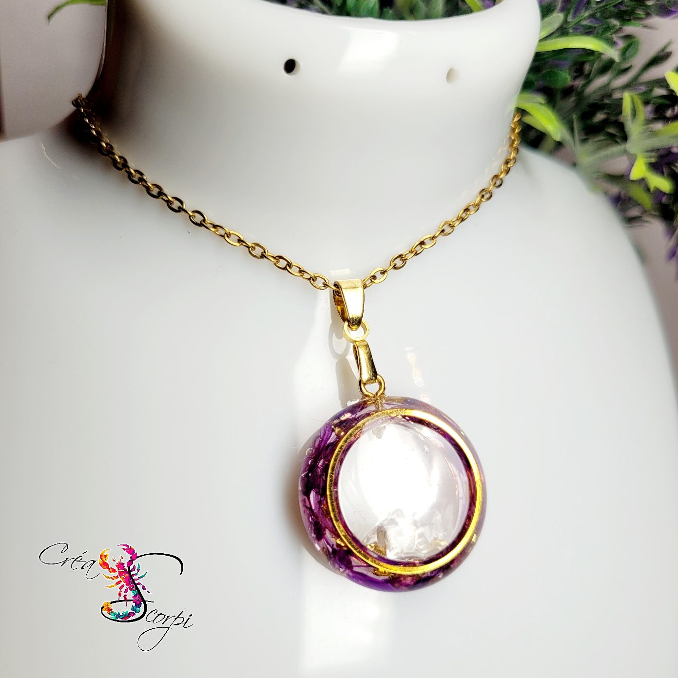 Collier Médaillon Shaker – Fleurs Séchées Violettes, Pierres Naturelles – Image 4
