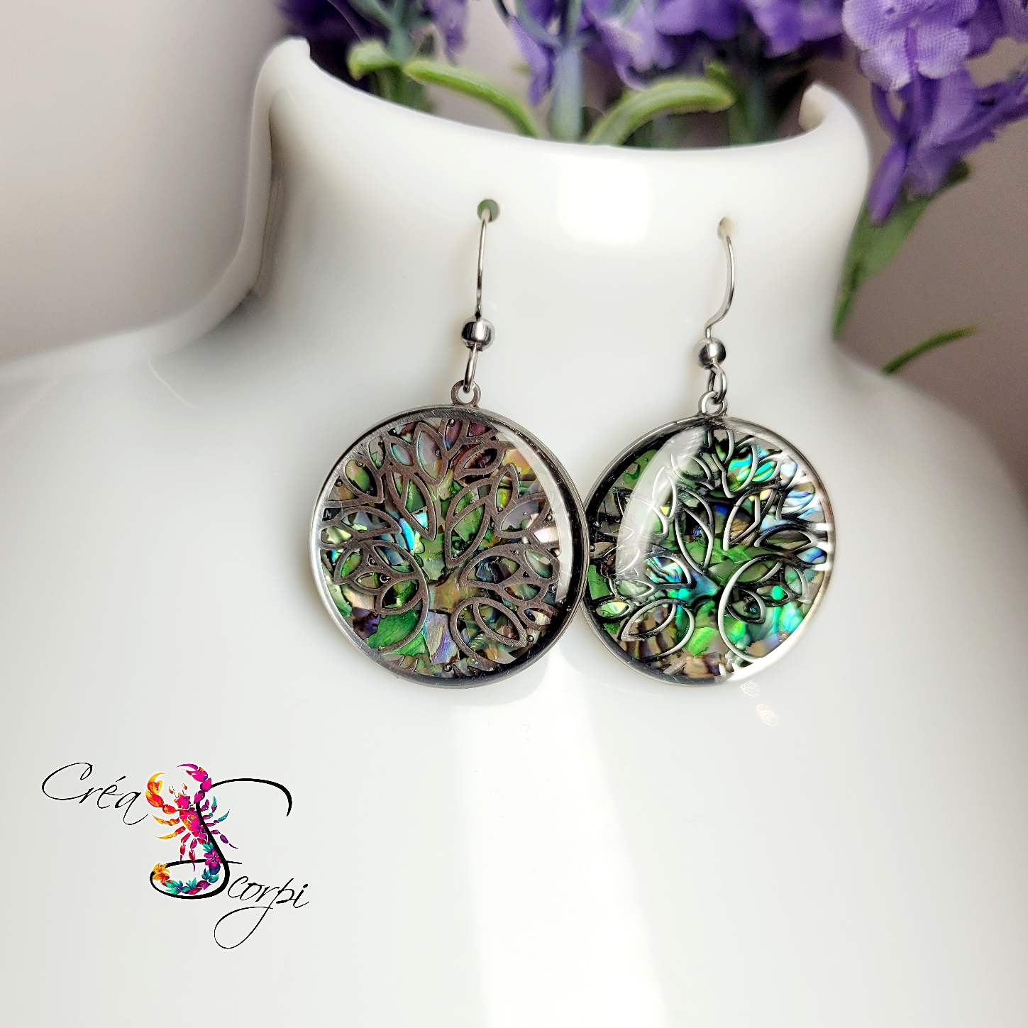 Boucles d'oreilles Arbre de Vie - Reflets de Coquillages Émeraude Sauvage – Image 4