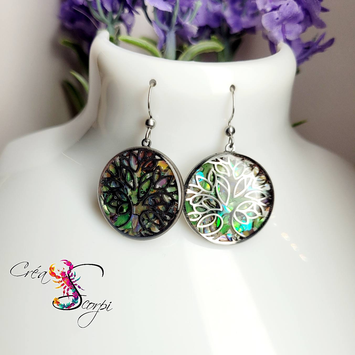 Boucles d'oreilles Arbre de Vie - Reflets de Coquillages Émeraude Sauvage – Image 2