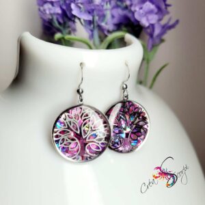 Boucles d'oreilles Arbre de Vie - Reflets de Coquillages Fuchsia Iridescent