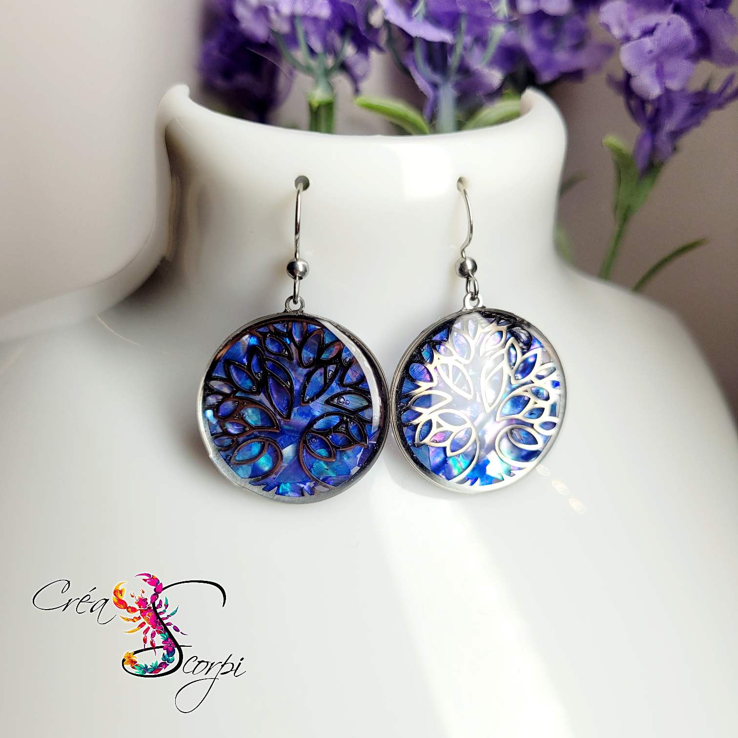 Boucles d'oreilles Arbre de Vie - Reflets de Coquillages Nuit Polaire lo – Image 4