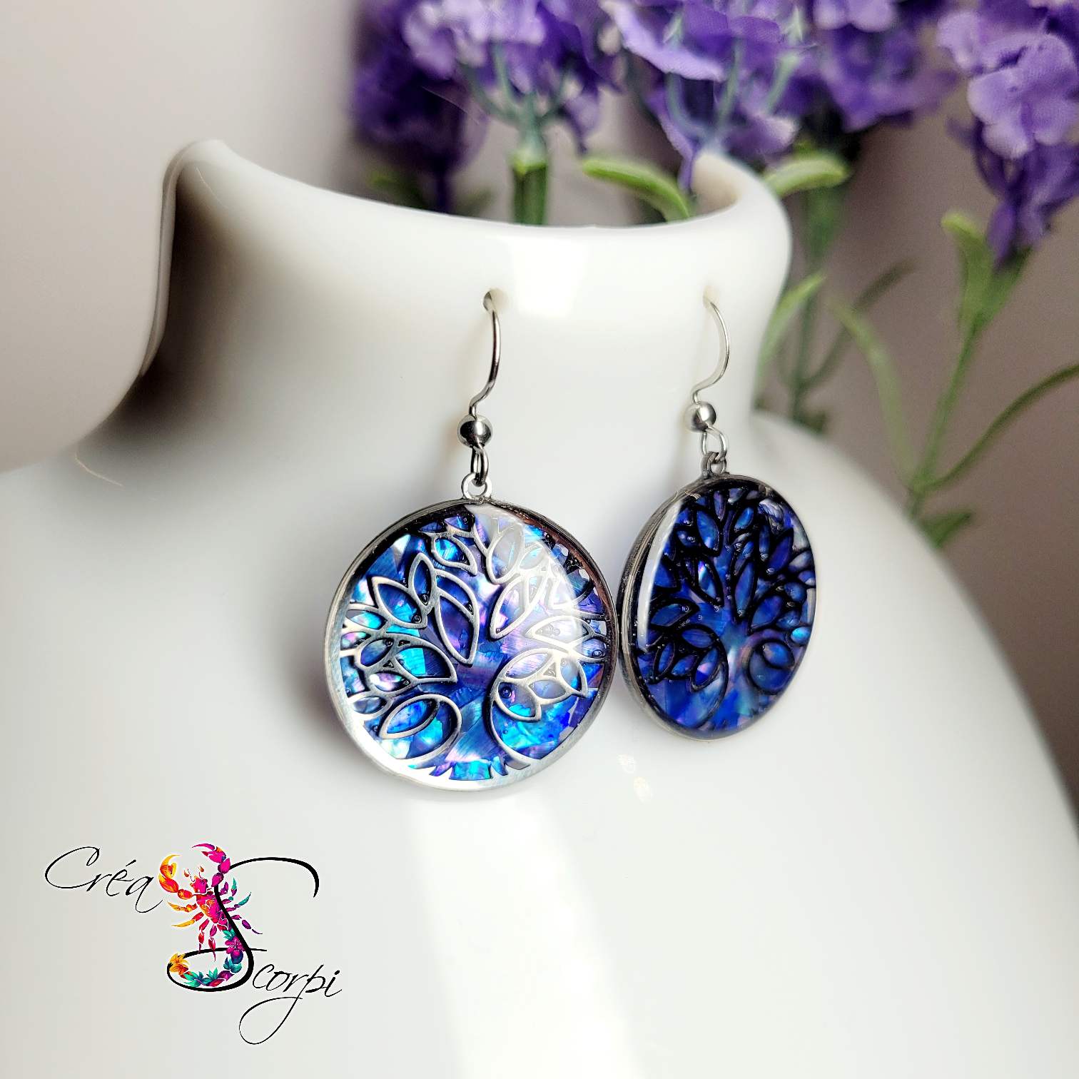Boucles d'oreilles Arbre de Vie - Reflets de Coquillages Nuit Polaire lo – Image 3