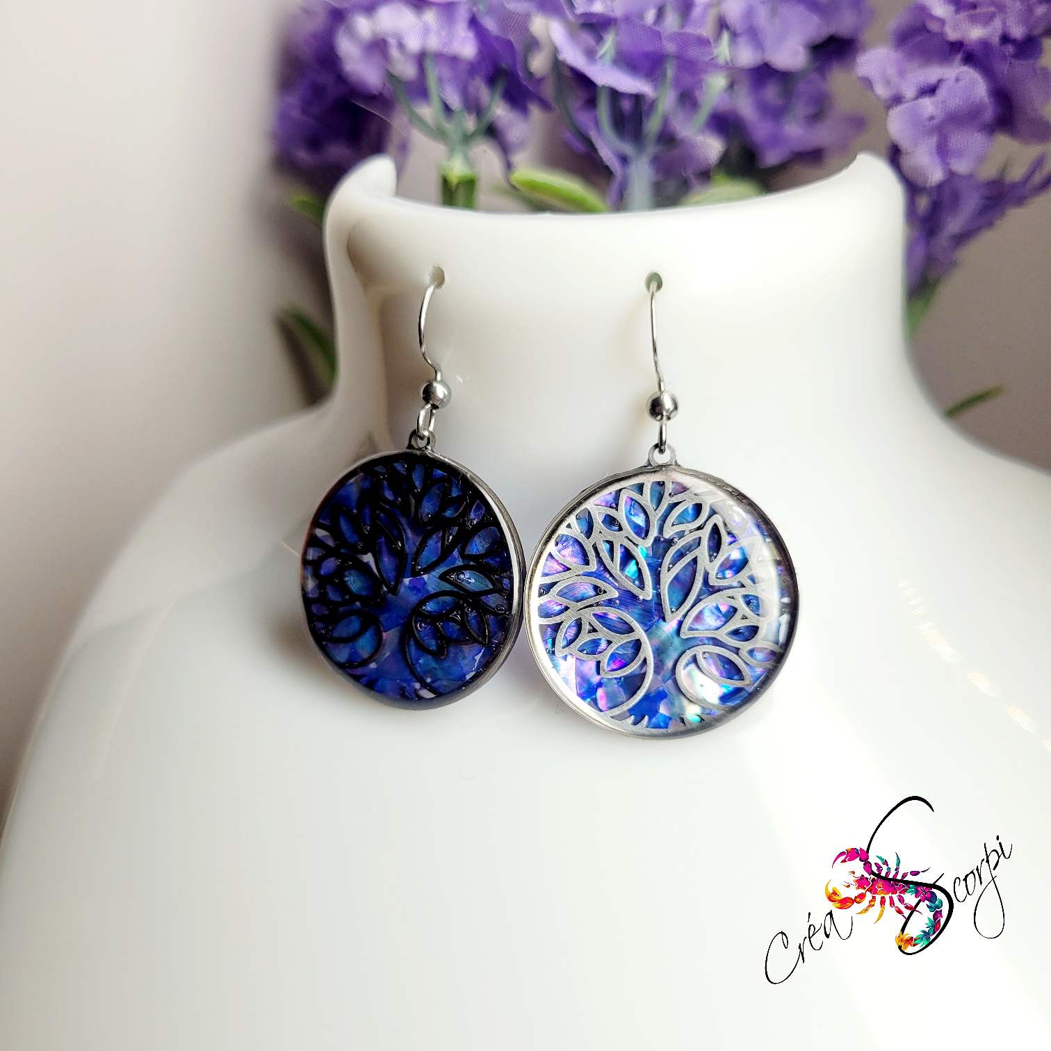 Boucles d'oreilles Arbre de Vie - Reflets de Coquillages Nuit Polaire lo – Image 2