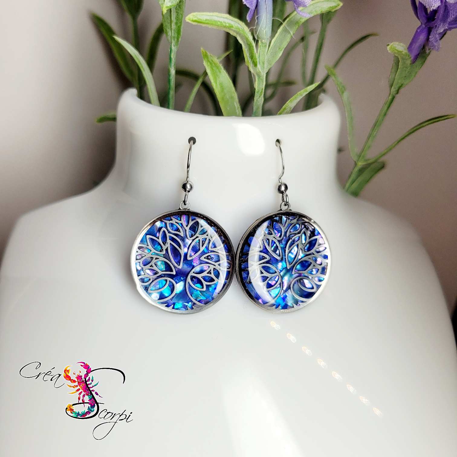 Boucles d'oreilles Arbre de Vie - Reflets de Coquillages Nuit Polaire lo
